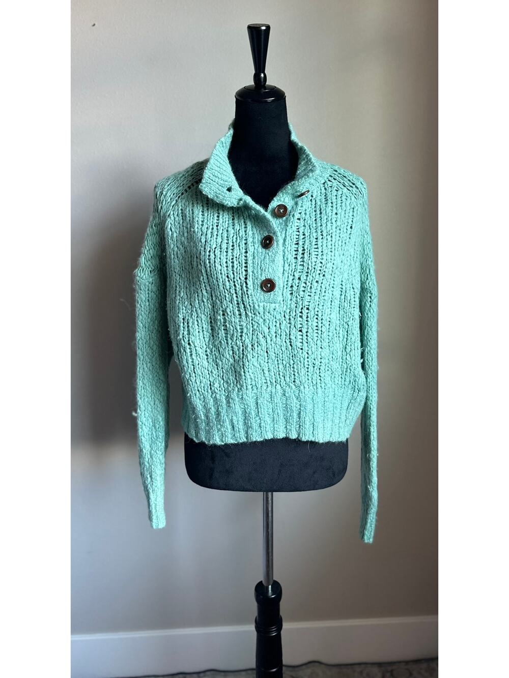 EVERLANE Aqua Green Lofty Knit Henley Sweater Size M